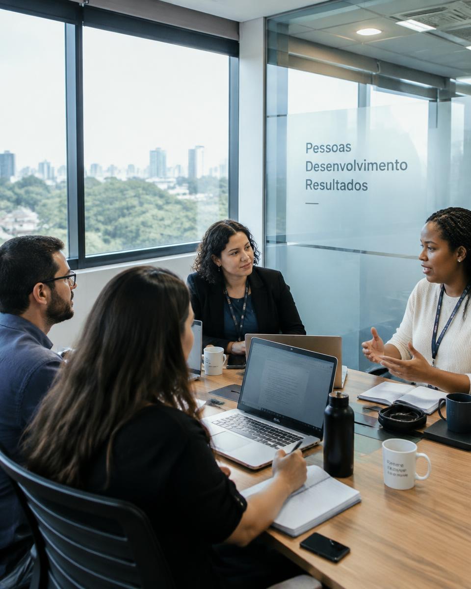 Equipe de RH reunida em escritório corporativo