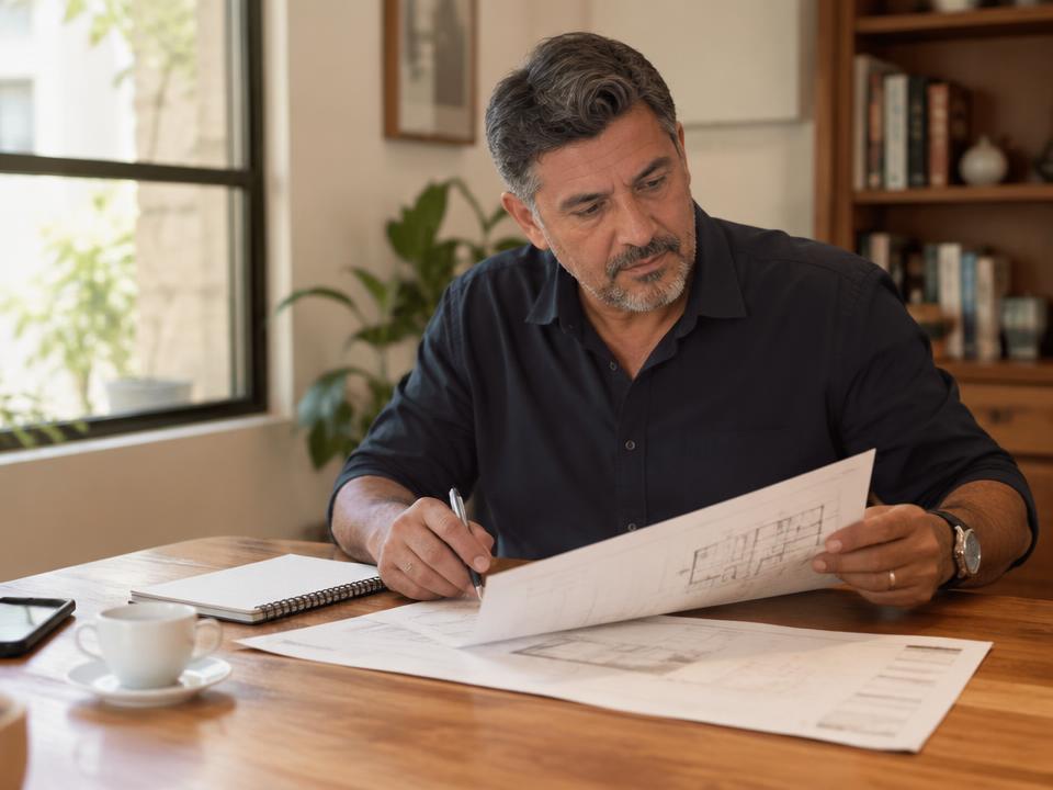 Homem analisando documentos e planejando o futuro